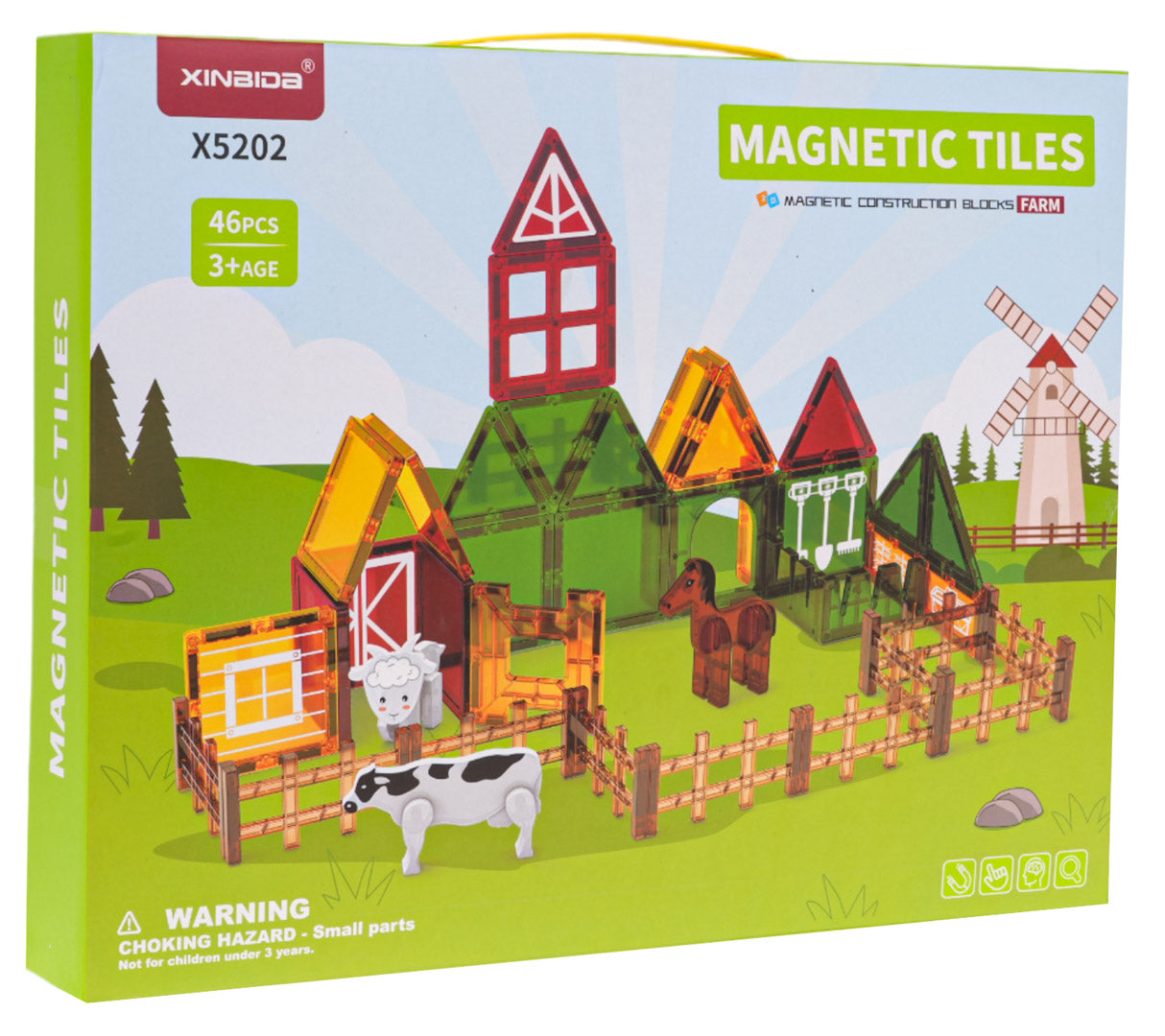 Magnētisko klucīšu komplekts “Ferma” 46 gab. ar uzbūvētu sētu un dzīvnieku figūrām, kaste fonā