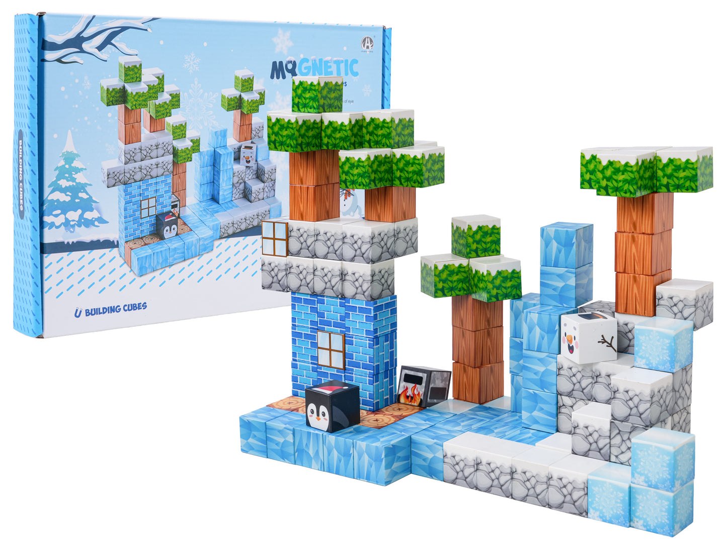 Ziemas pikseļu stila magnētisko klucīšu komplekts 113 gab. ar uzbūvētu ainu, kaste fonā