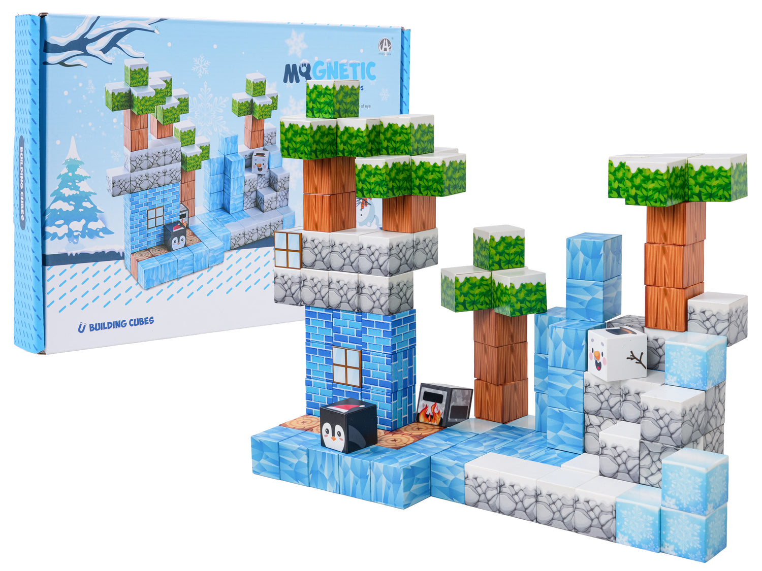 Ziemas pikseļu stila magnētisko klucīšu komplekts 113 gab. ar uzbūvētu ainu, kaste fonā