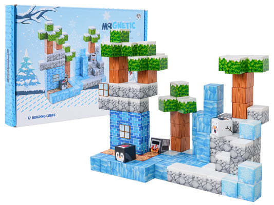 Ziemas pikseļu stila magnētisko klucīšu komplekts 113 gab. ar uzbūvētu ainu, kaste fonā