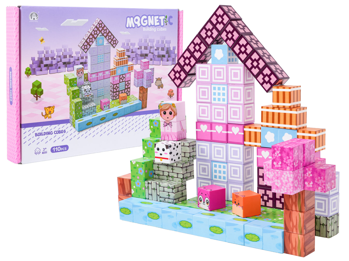Magnētisko pikseļu stila kubu komplekts 110 gab. ar uzbūvētu mājiņu, kaste fonā