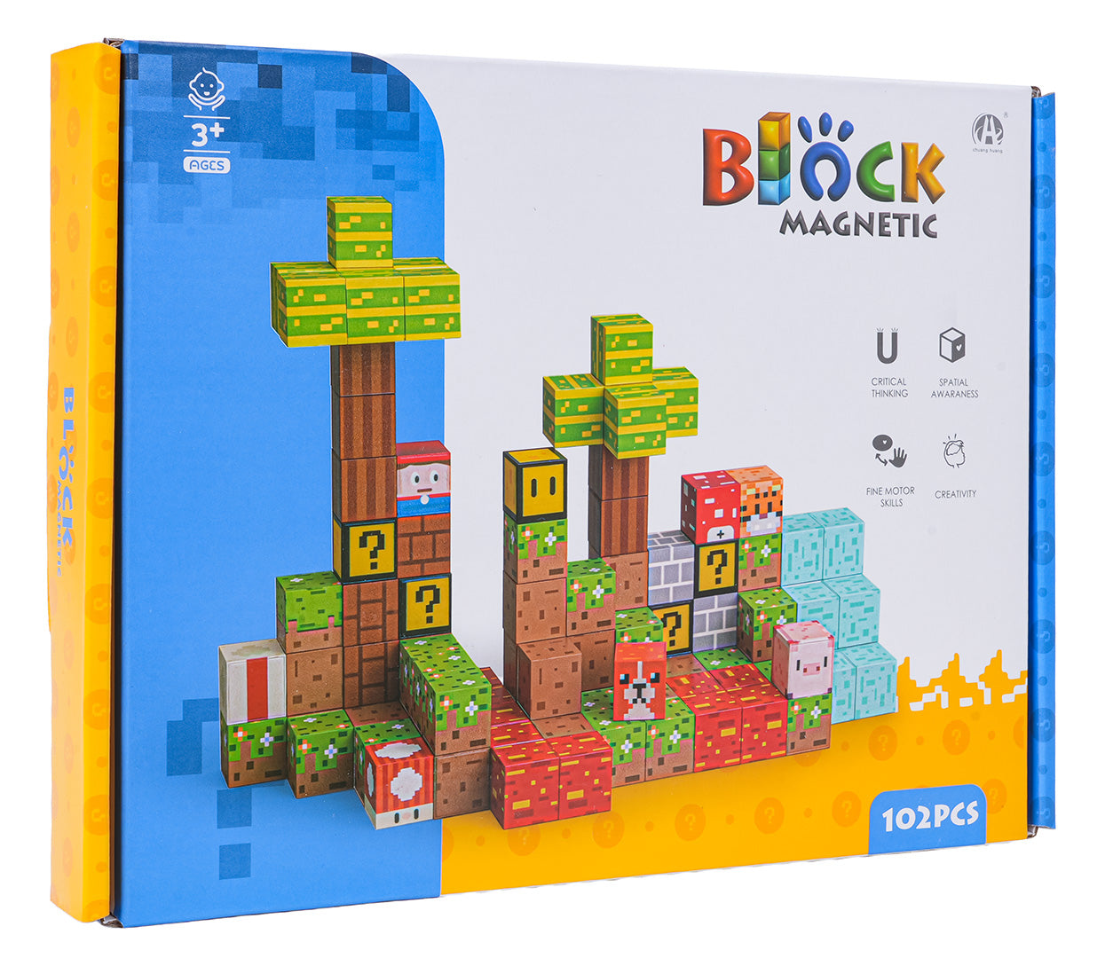 Kaste ar 102 gab. magnētiskajiem pikseļstila klučiem un paraugbūvi (koki un bloki)