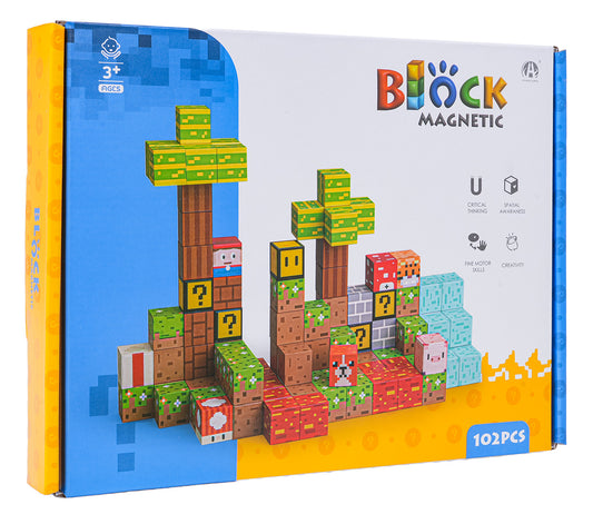 Kaste ar 102 gab. magnētiskajiem pikseļstila klučiem un paraugbūvi (koki un bloki)