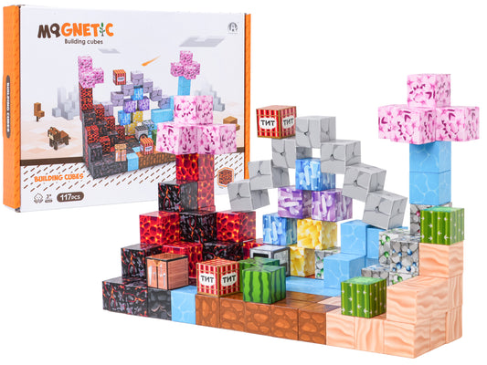 Magnētiskie pikseļu dizaina klucīši 117 gabali ar krāsainiem kubiem un būvēm