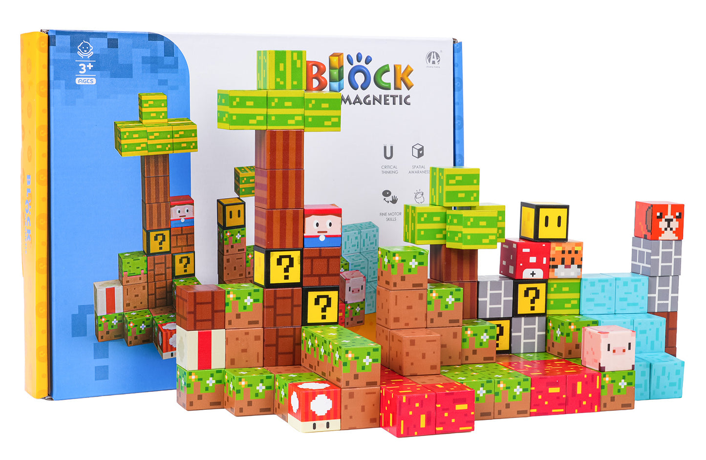 Krāsains magnētisko klucīšu komplekts 102 gab., līdzīgs Minecraft blokiem, ar dažādiem rakstiem un dzīvnieku figūrām kastes fonā