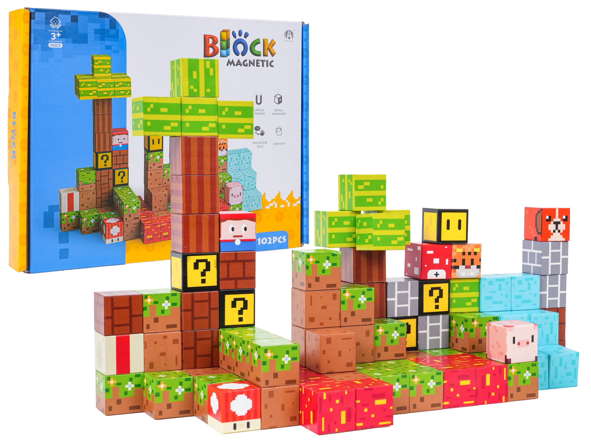 Magnētisko klucīšu komplekts ar 102 gabaliem, kas atgādina Minecraft stila būvniecības blokus ar dzīvnieku un simbolu attēliem