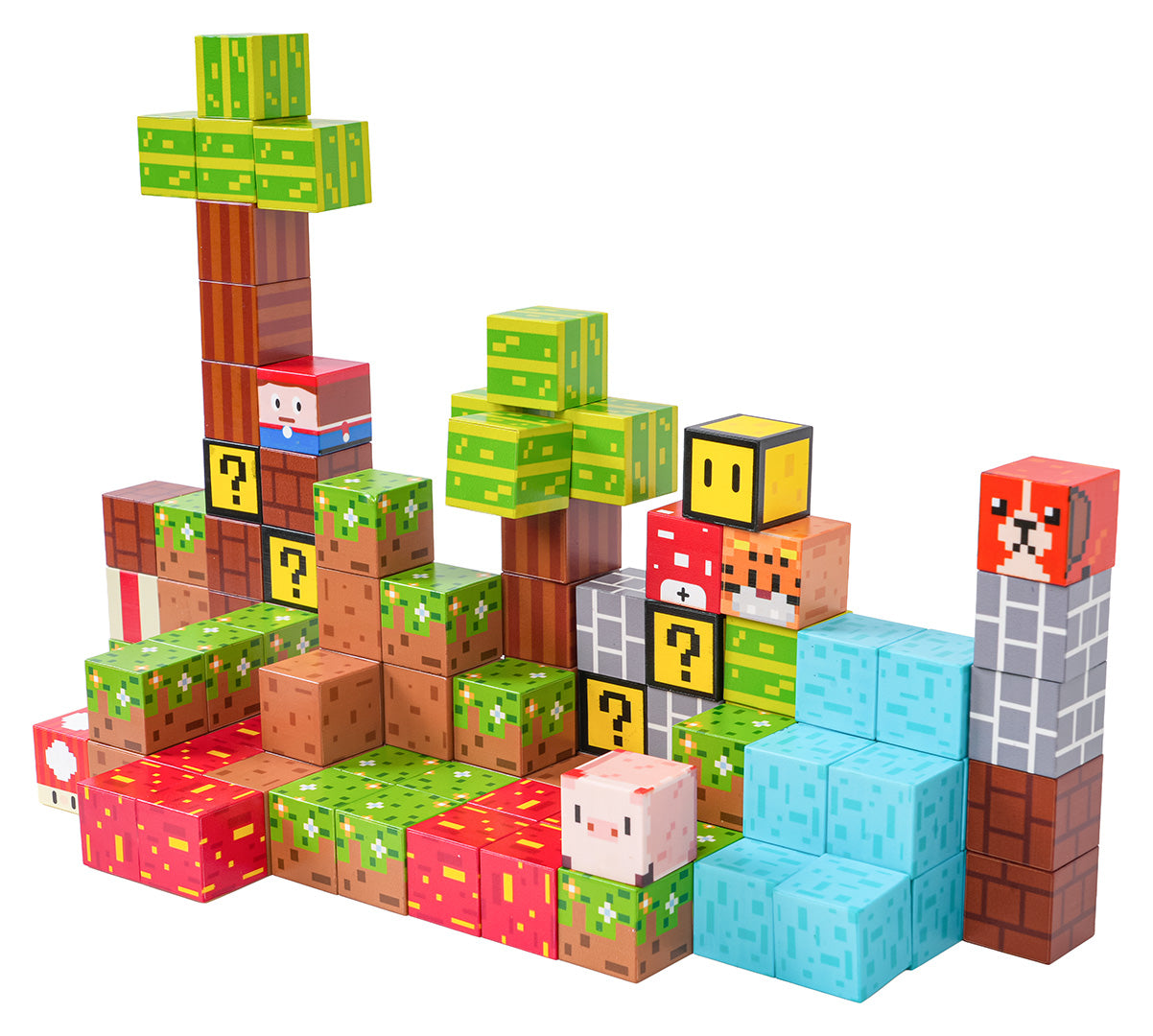 Magnētisko klucīšu komplekts bērniem – daudzkrāsaina Minecraft stila konstrukcija ar kokiem, dzīvniekiem un jautājuma zīmju blokiem