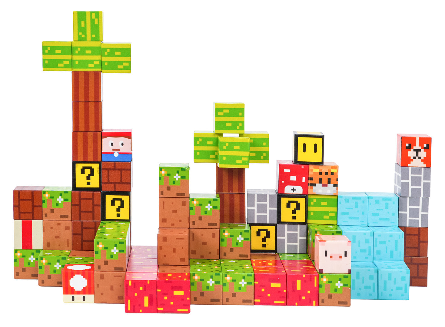 Magnētisko klucīšu komplekts ar Minecraft stila dizainu, redzami krāsaini bloki ar rakstiem, dzīvniekiem un jautājuma zīmēm