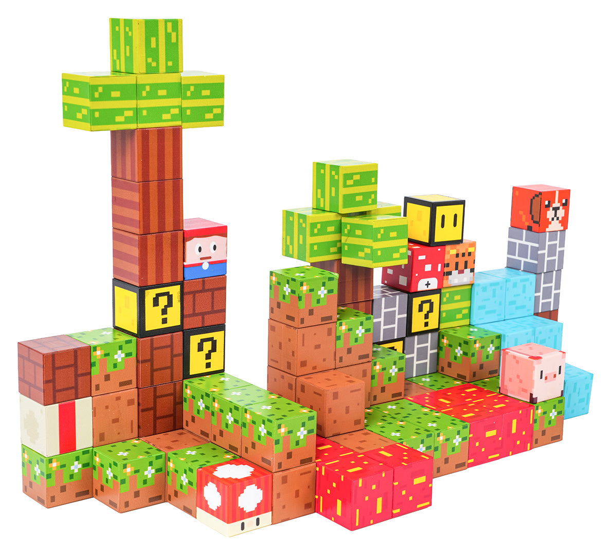 Krāsains magnētisko klucīšu komplekts bērniem ar Minecraft stila dizainu – redzami koki, dzīvnieki un jautājuma zīmju bloki