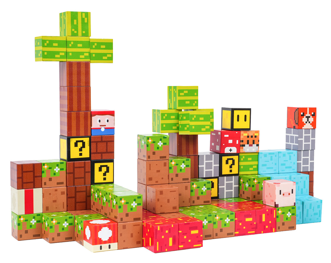 Magnētisko klucīšu konstrukcija ar Minecraft stila dizainu – redzami bloki ar zālīti, ķieģeļiem, dzīvniekiem un jautājuma zīmēm