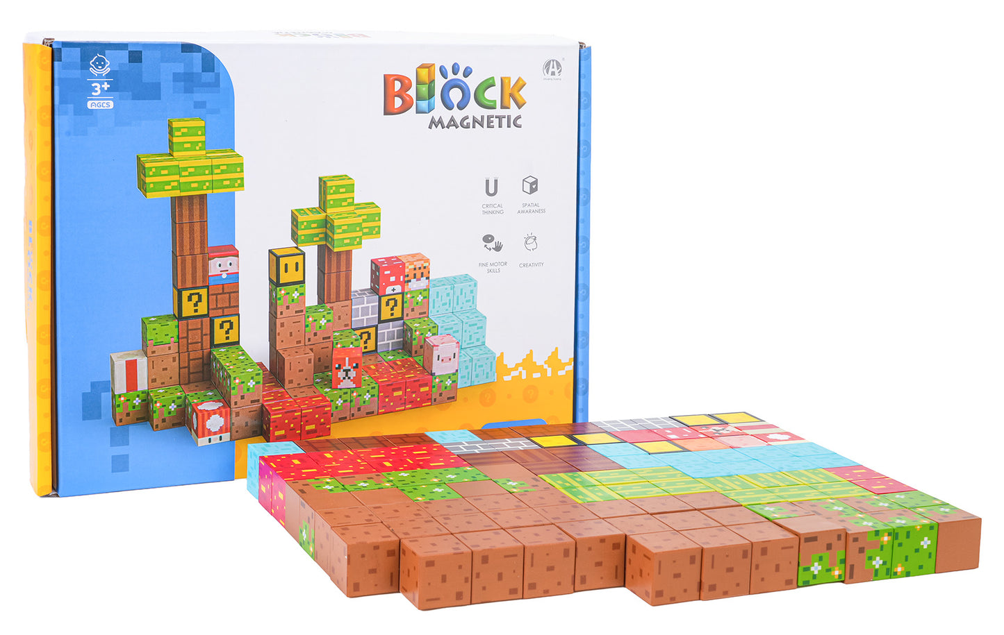 Magnētisko klucīšu komplekts ar 102 gabaliem Minecraft stilā, redzama kaste un salikti bloki uz galda