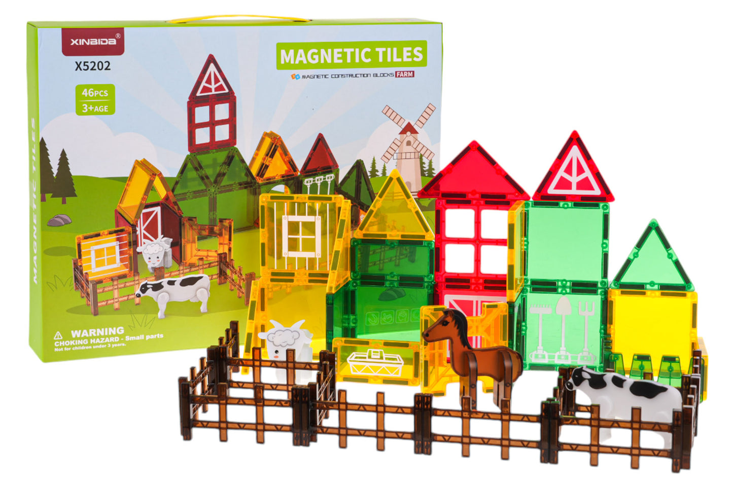 Magnētisko kluču ferma ar dzīvniekiem, žogu un krāsainām ēkām bērniem