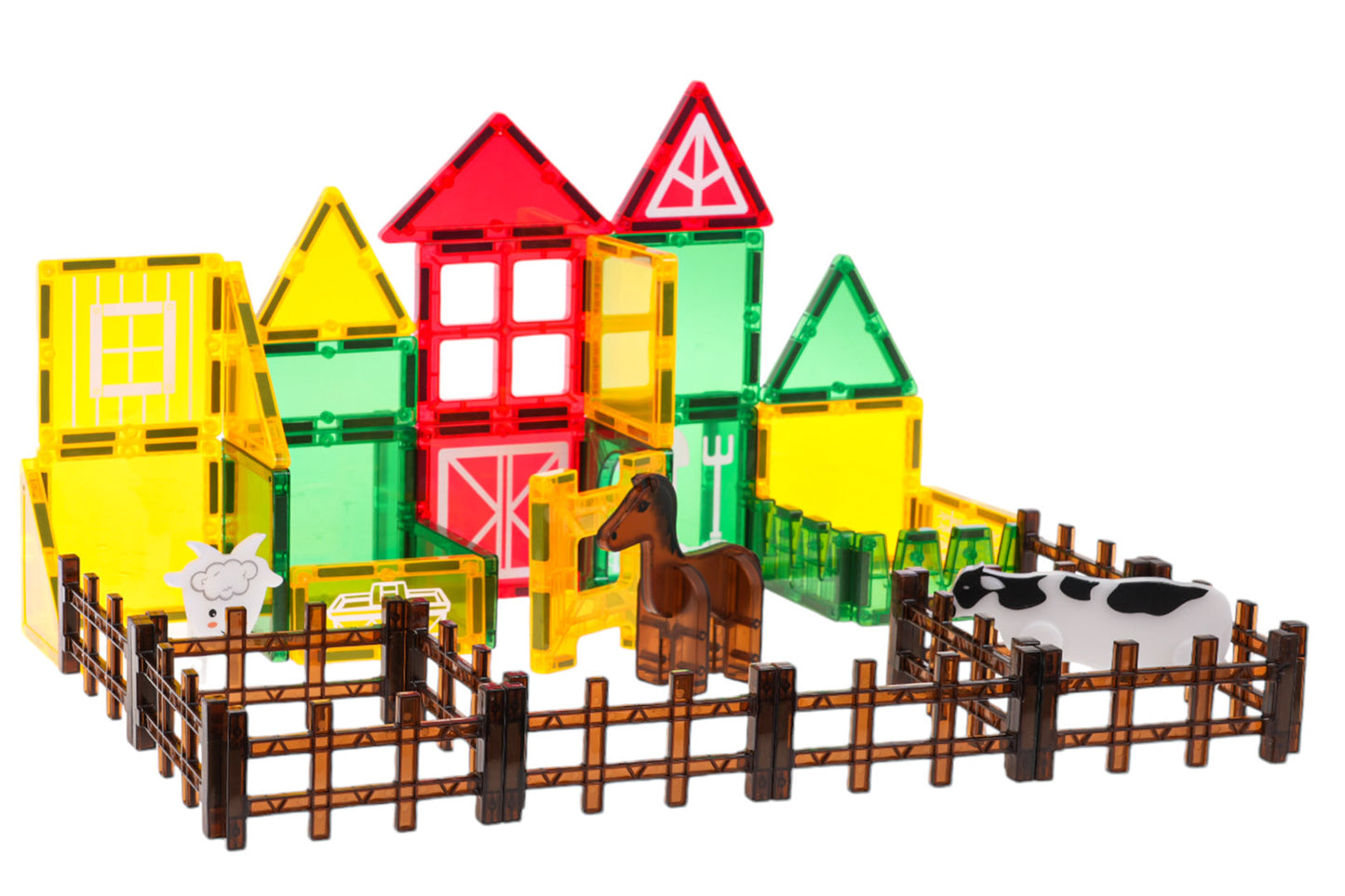 Magnētisko kluču ferma ar mājiņām, žogu un dzīvniekiem — zirgu, govi un aitu