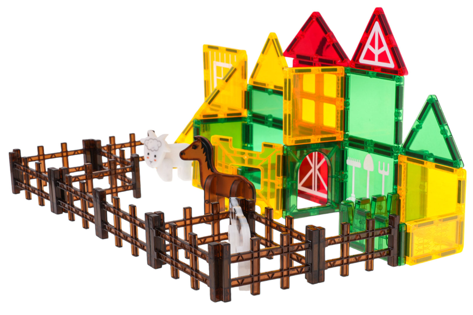 Magnētisko kluču ferma ar žogu, dzīvniekiem un krāsainām ēkām bērniem
