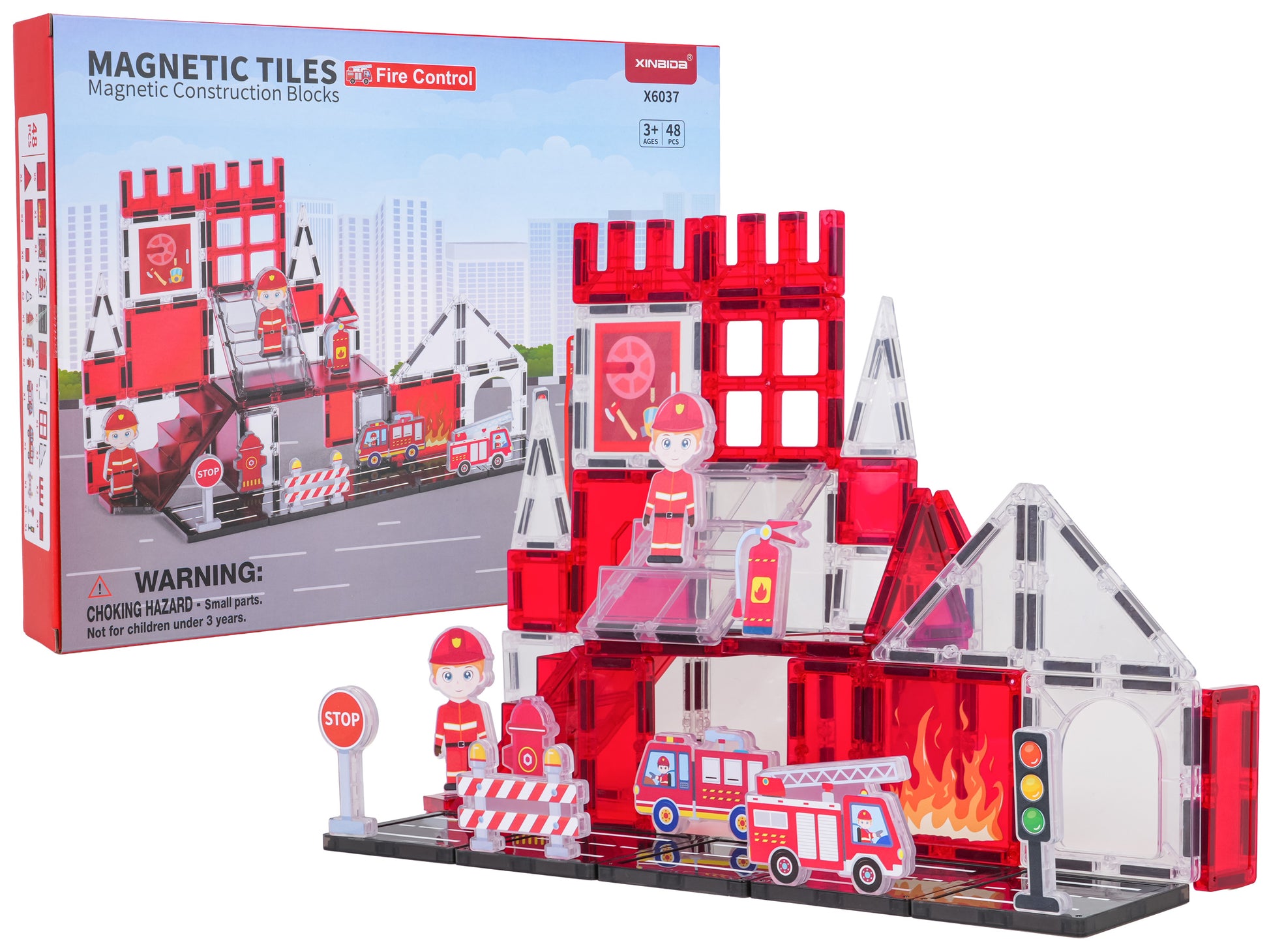 Magnētisko kluču ugunsdzēsēju stacijas komplekts ar sarkaniem paneļiem, auto un figūriņām