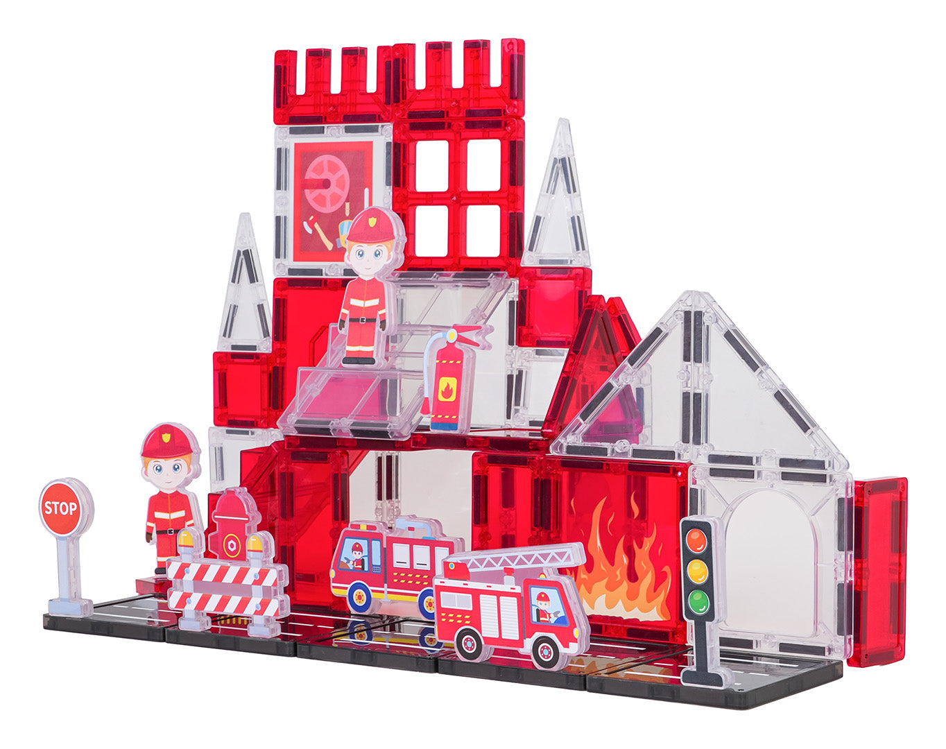 Sarkanu un caurspīdīgu magnētisko kluču ugunsdzēsēju stacija ar auto, figūriņām un ceļa zīmēm
