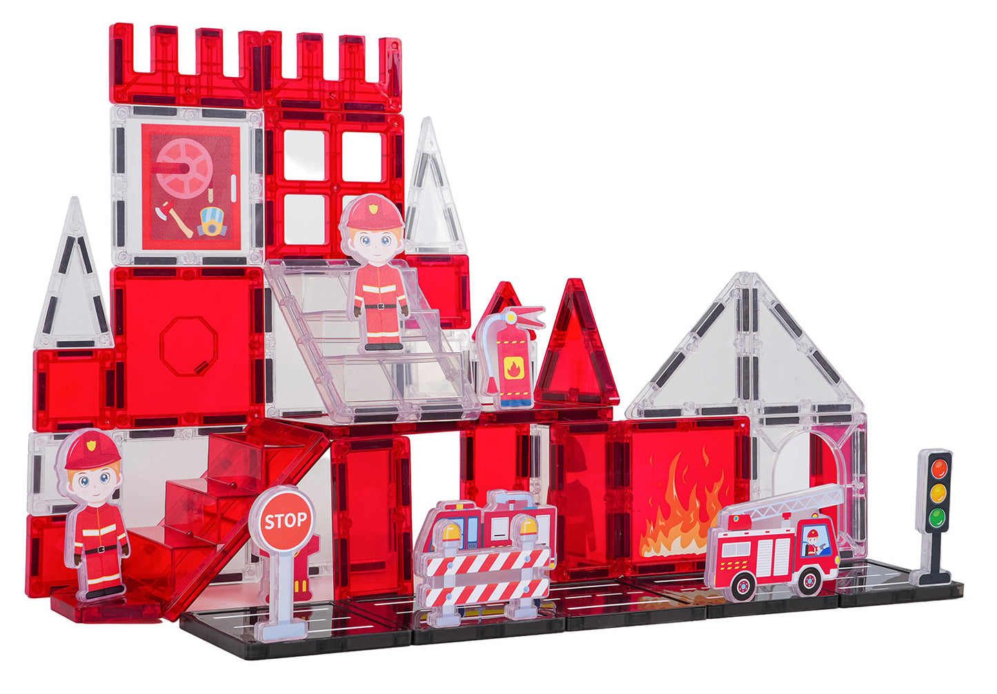 Magnētisko kluču komplekts ar ugunsdzēsēju staciju, mašīnām, figūrām un luksoforu