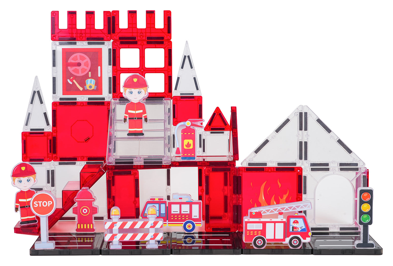 Magnētisko kluču ugunsdzēsēju stacija ar ugunsdzēsēju figūrām, mašīnām, luksoforu un ceļa zīmēm