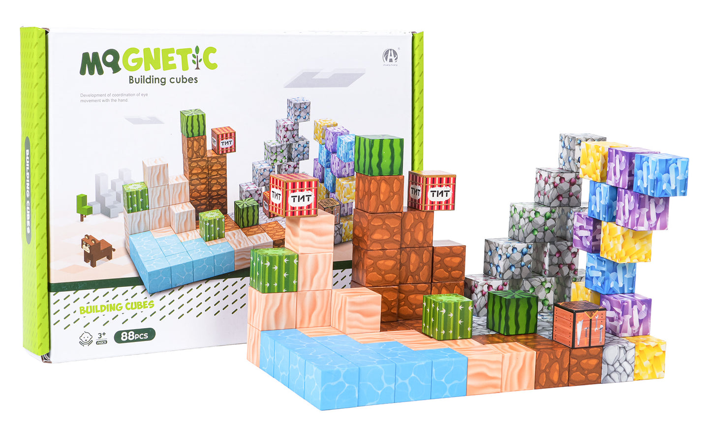 Magnētisko kubu konstrukcijas komplekts ar 88 gabaliem un Minecraft stila dizainu bērniem no 3 gadiem