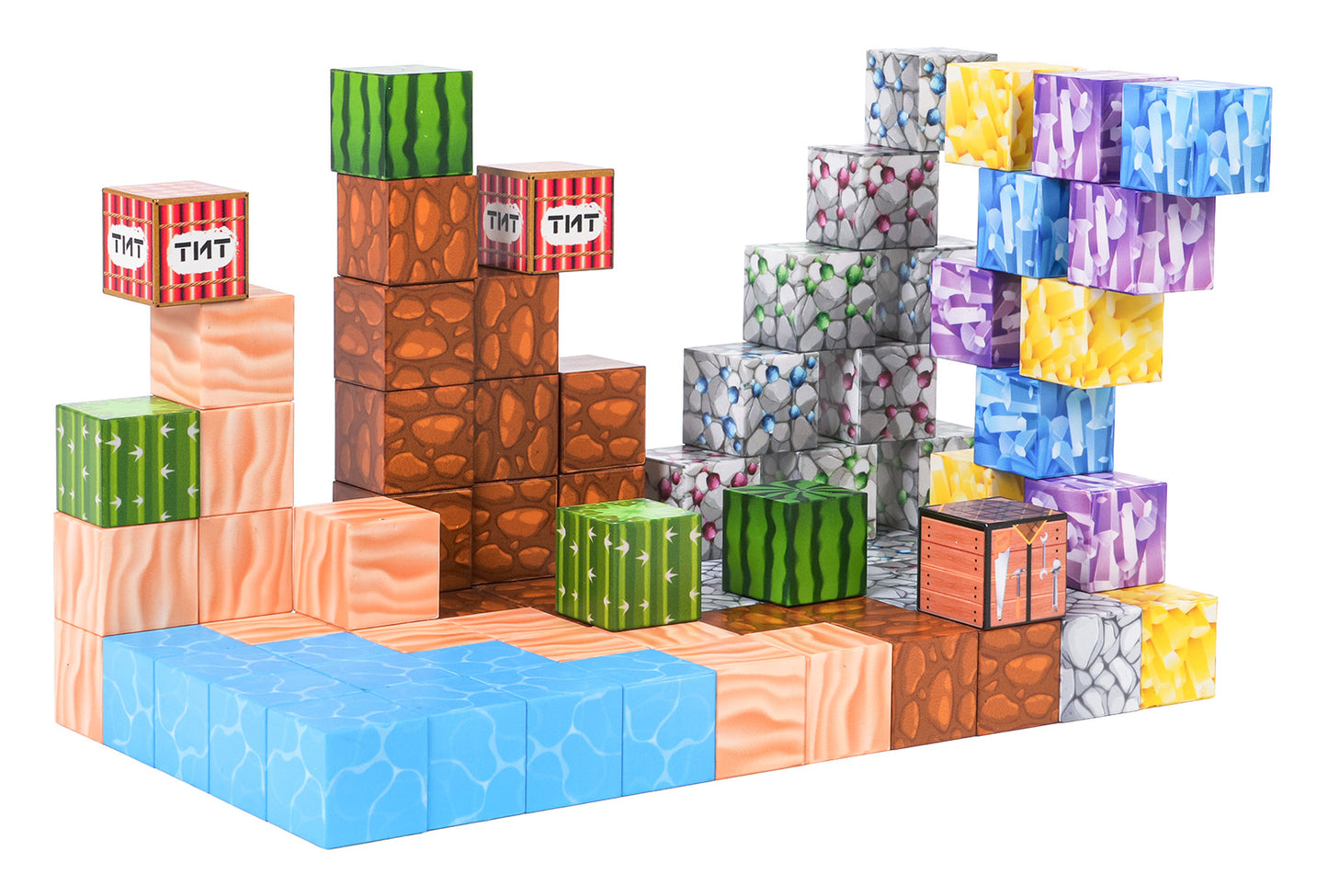 Magnētisko kubu konstrukcija ar 88 gabaliem – krāsaini bloki ar ūdens, akmens, smilšu un koka rakstiem