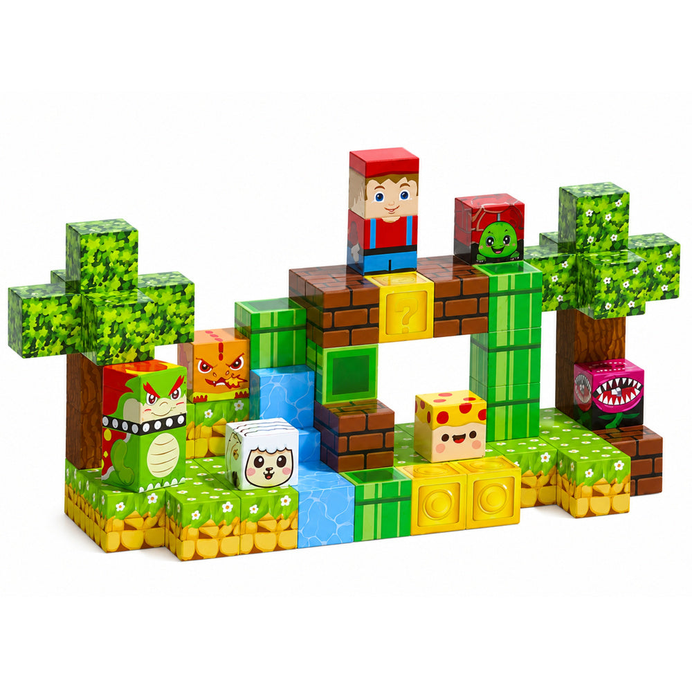 Magnētisko kubu konstruktors ar pikseļu pasauli, kokiem, dzīvniekiem un tēlu figūrām
