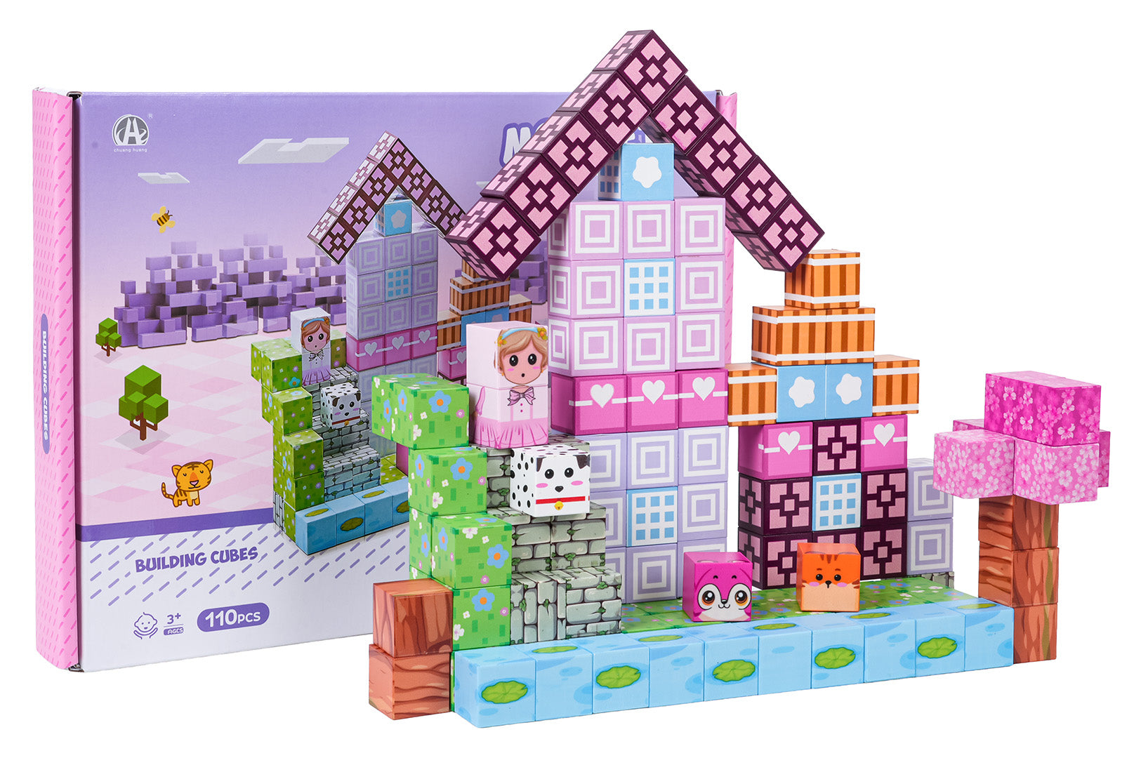 Krāsains magnētisko būvkluču komplekts ar uzbūvētu māju, koku un dzīvnieku figūriņām pikseļu stilā