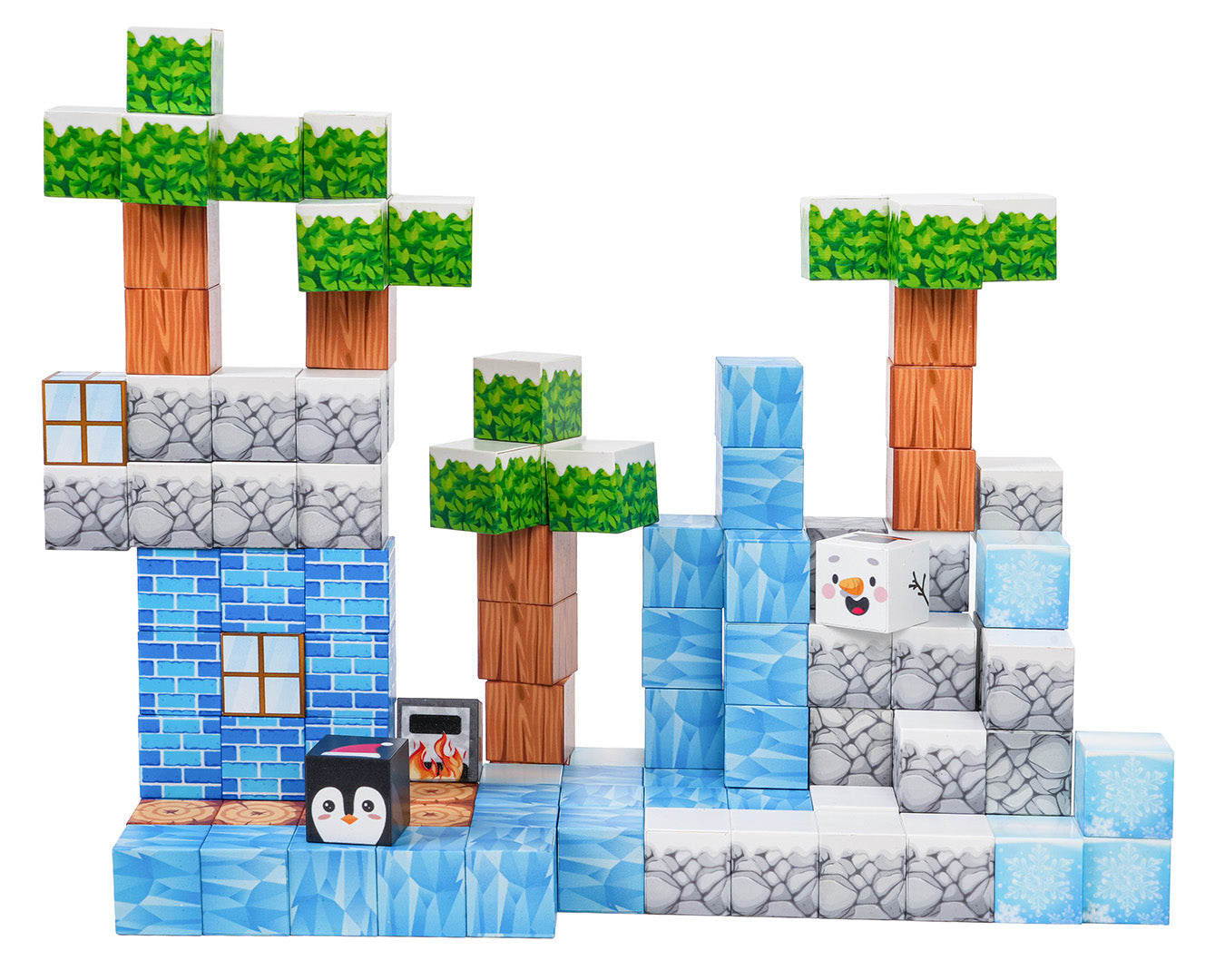 Magnētisko pikseļu kluču konstrukcija ar ziemas dizainu — redzami koki, ledus bloki, pingvīns un sniegavīrs