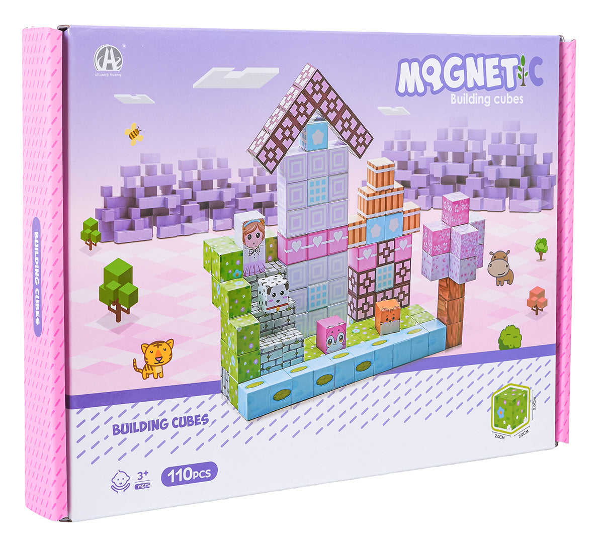 Magnētisko pikseļu stila būvkluču komplekta kaste ar attēlotu krāsainu māju un dzīvnieku figūriņām