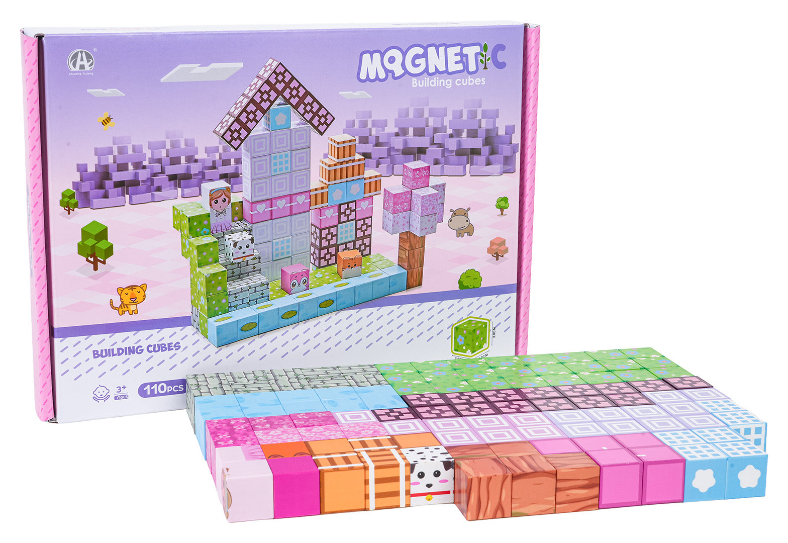 Krāsains magnētisko būvkluču komplekts ar 110 gabaliem un kasti, kas attēlo pikseļu stila māju un dzīvnieku figūriņas
