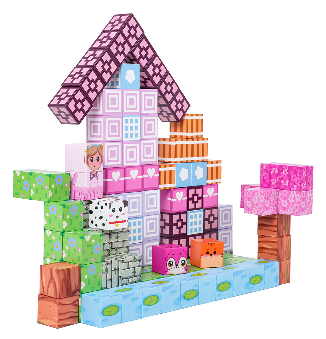 Krāsaina magnētisko kluču konstrukcija ar māju, koku un dzīvnieku figūrām pikseļu stilā