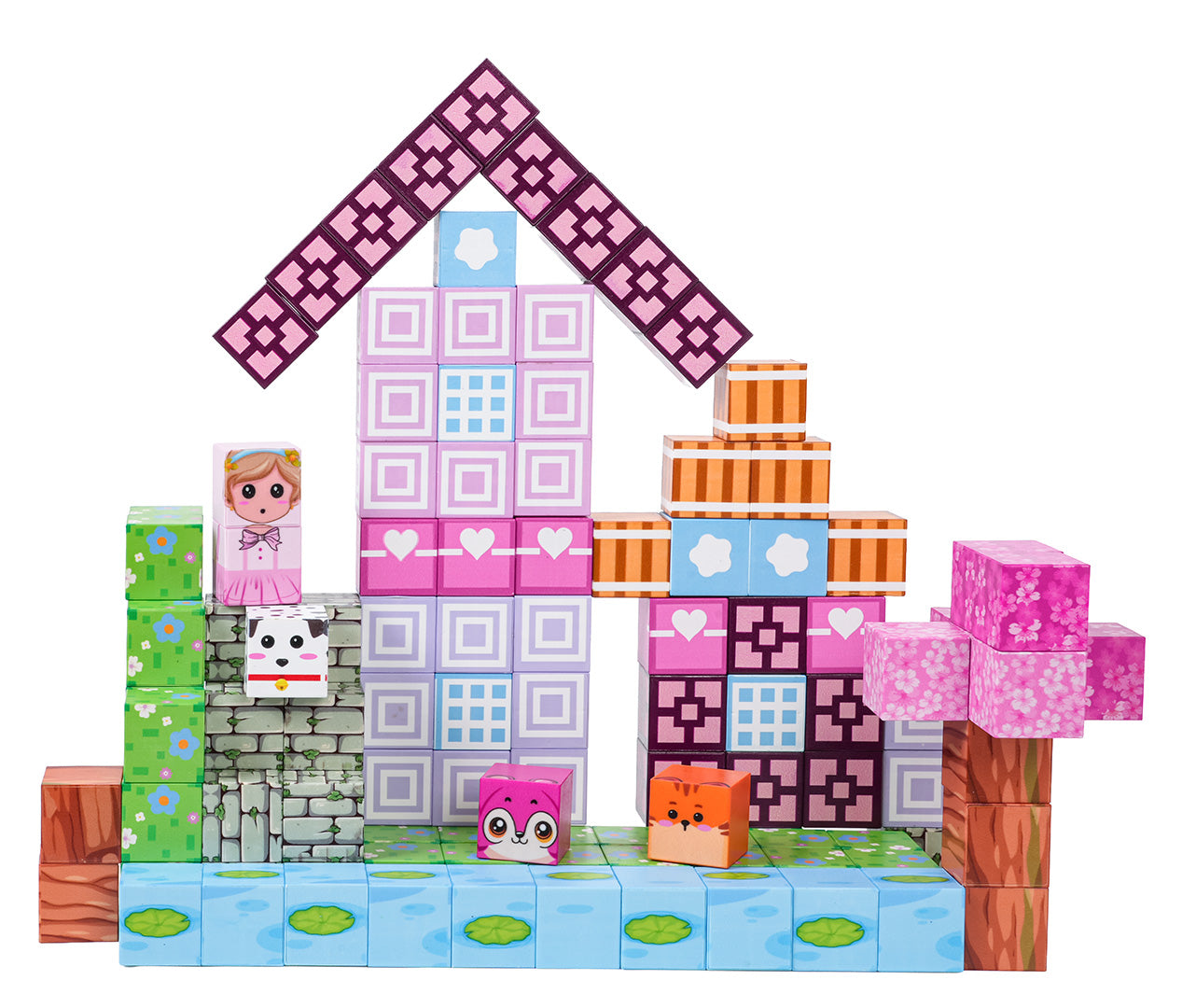 Magnētisko pikseļu stila kluču māja ar krāsainiem rakstiem un dzīvnieku figūrām uzbūvēta uz zilas pamatnes