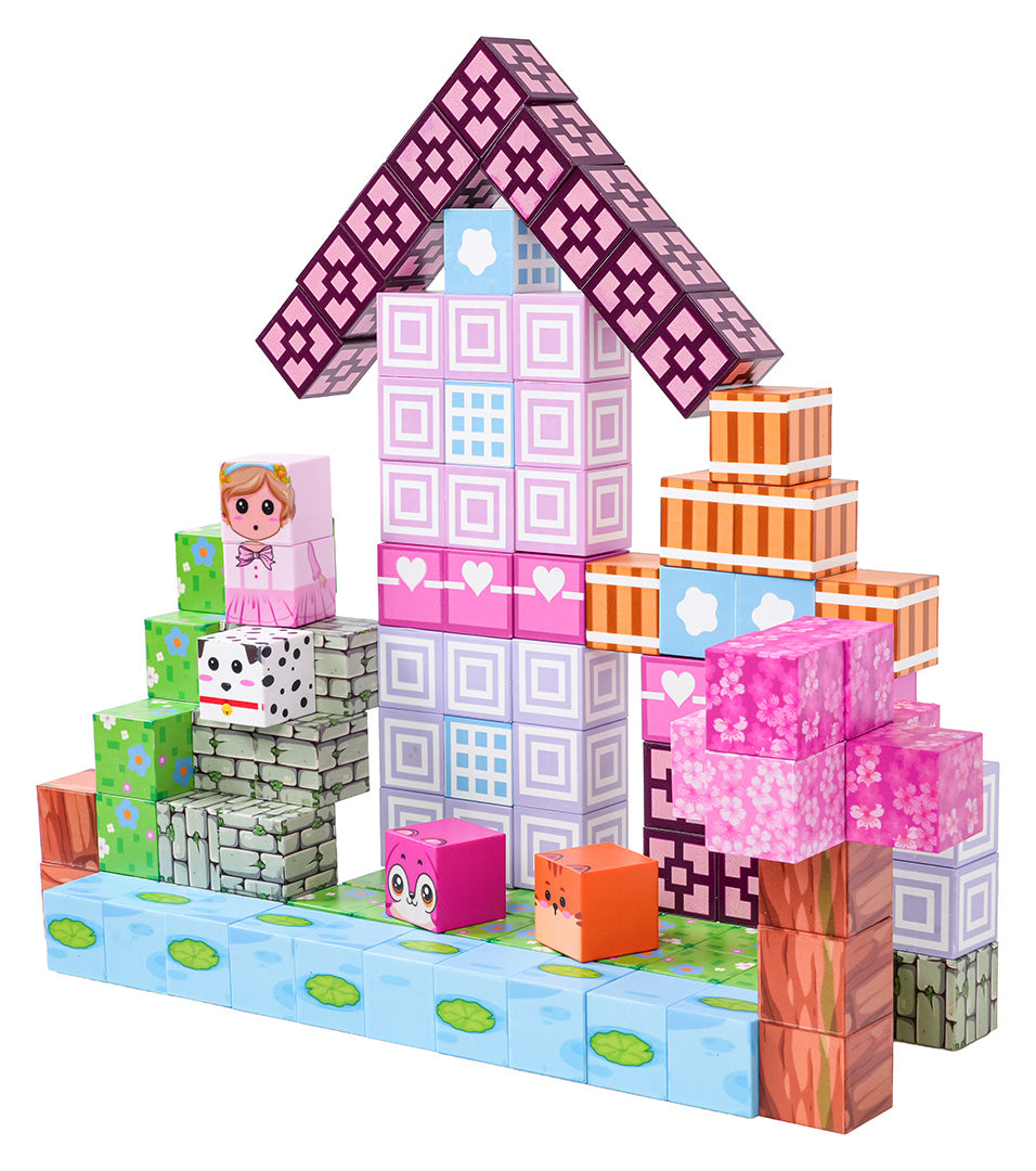 Krāsaina magnētisko pikseļu kluču māja ar koka un dzīvnieku elementiem uz zilas pamatnes