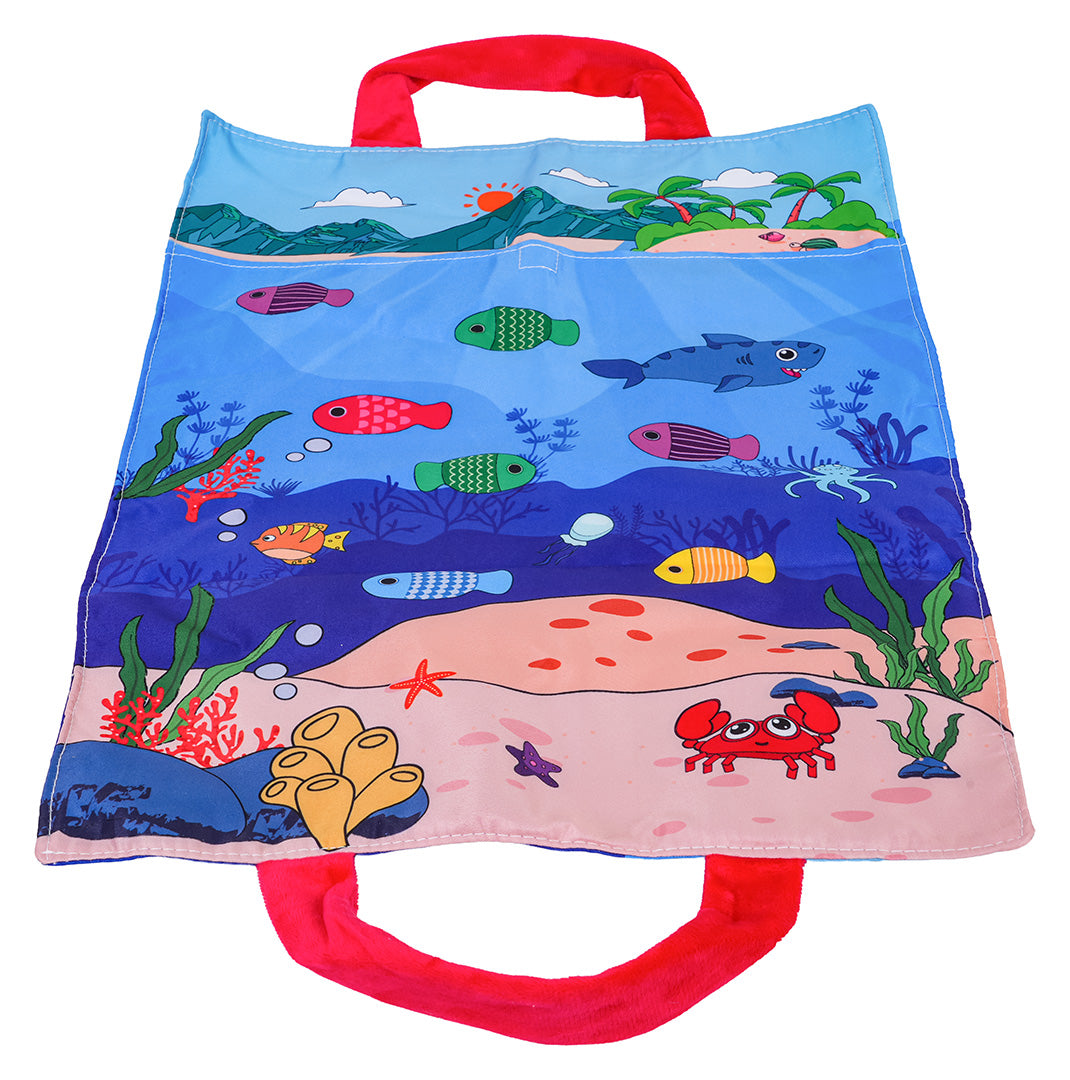 bērnu makšķerēšanas spēles auduma paklājiņš ar jūras dibena zīmējumu, krāsainām zivīm un krabi