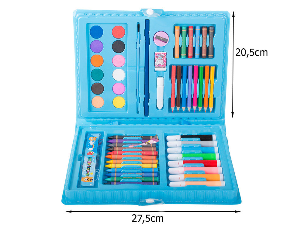 Mākslinieku komplekts bērniem atvērtā zilā koferī ar 68 piederumiem un norādītiem izmēriem 27,5 x 20,5 cm