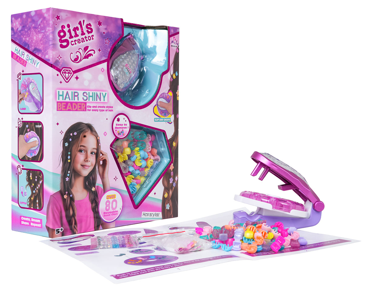 Matu dekorēšanas komplekts Hair Shiny Beader ar klipšu aplikatoru, krāsainiem matu klipšiem un iepakojumu, 5+