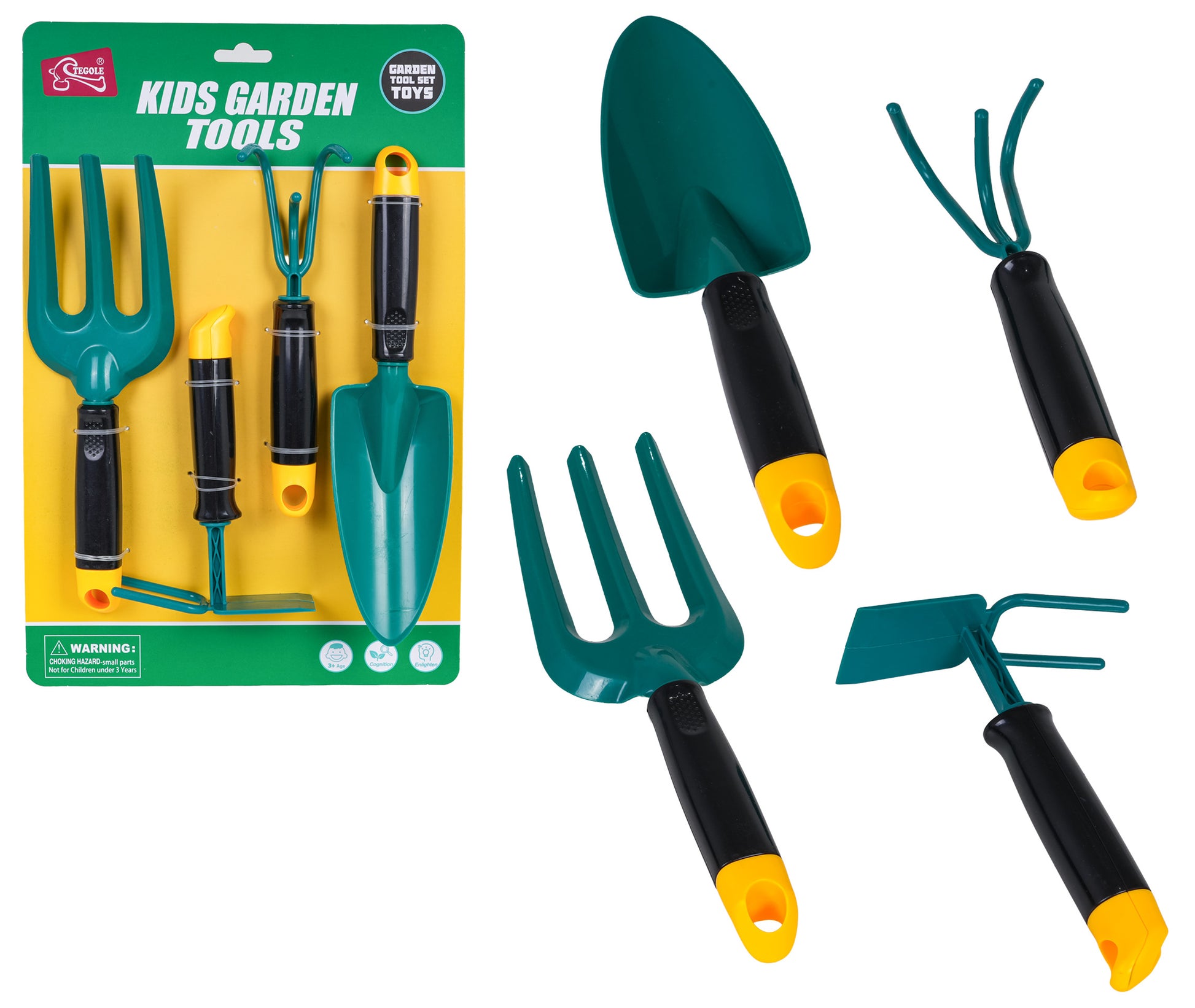 Bērnu dārza instrumentu komplekts ar lāpstiņu grābekli dakšiņām un kapli ar nagiem