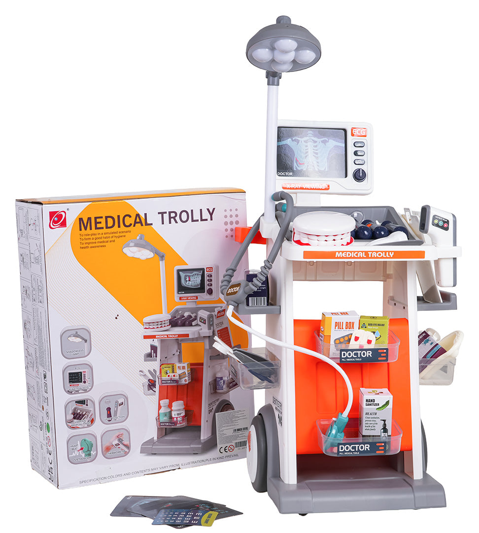 Bērnu ārsta ratiņu komplekts ar lampu, EKG paneli un medicīnas aksesuāriem oranži baltā krāsā