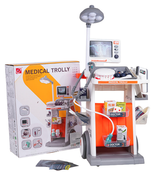 Bērnu ārsta ratiņu komplekts ar lampu, EKG paneli un medicīnas aksesuāriem oranži baltā krāsā