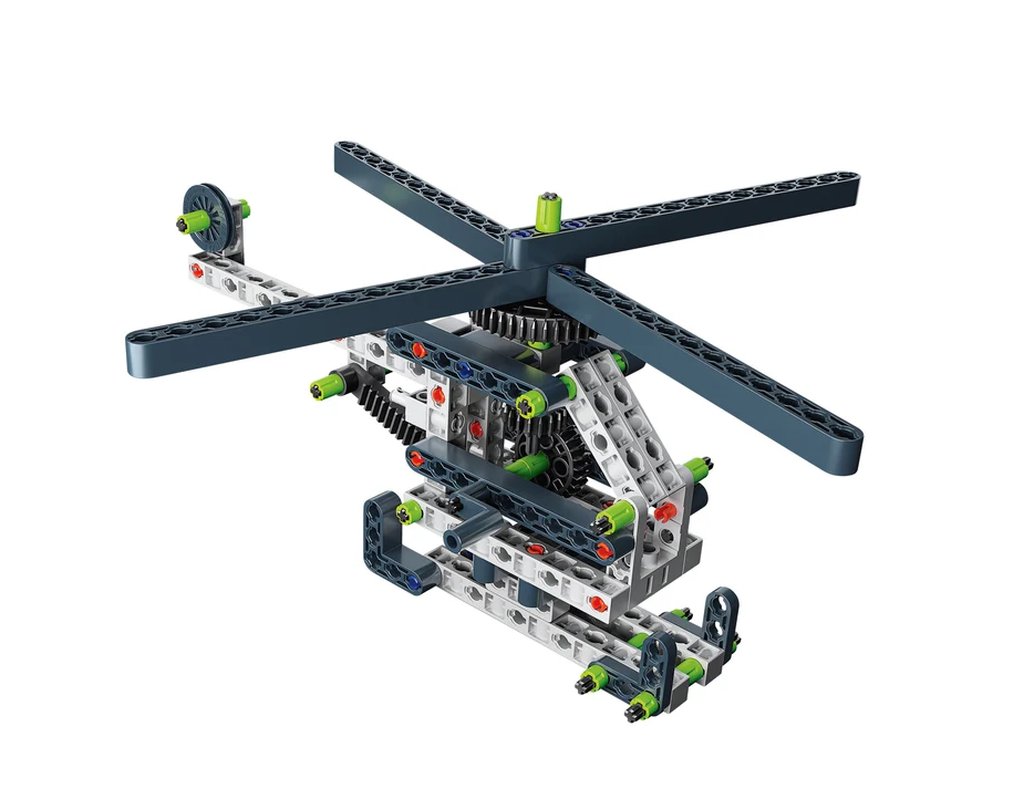 Mehānikas laboratorijas konstruktora helikoptera modelis ar rotoru un zobratu mehānismu