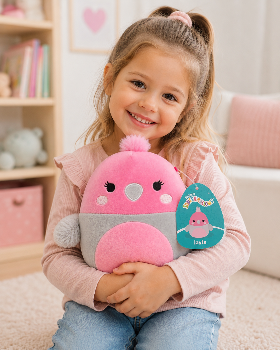 Meitene tur rokās rozā Squishmallows putniņa plīša rotaļlietu Jayla