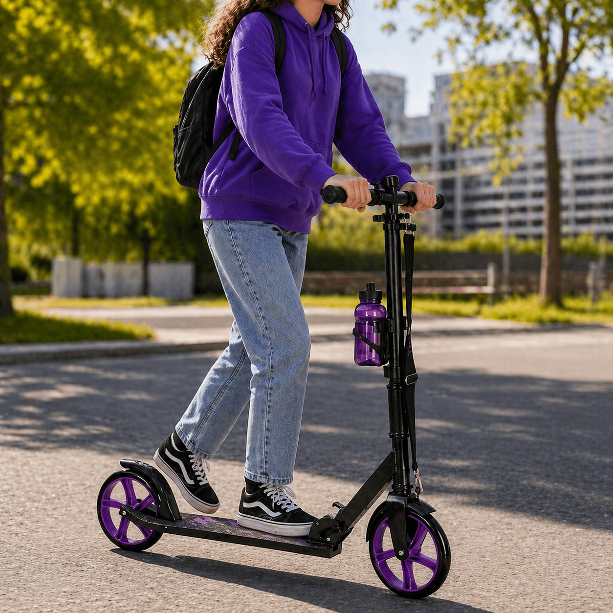 Meitene brauc ar Trike Fix skrejriteni ar violetiem riteņiem