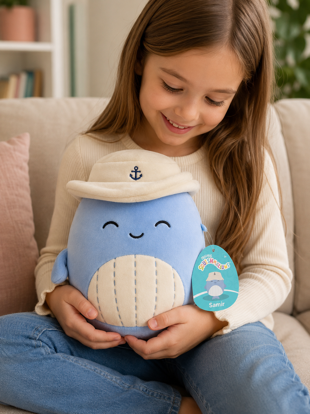Meitene apskāvusi zilu Squishmallows vaļa plīša rotaļlietu ar jūrnieka cepuri