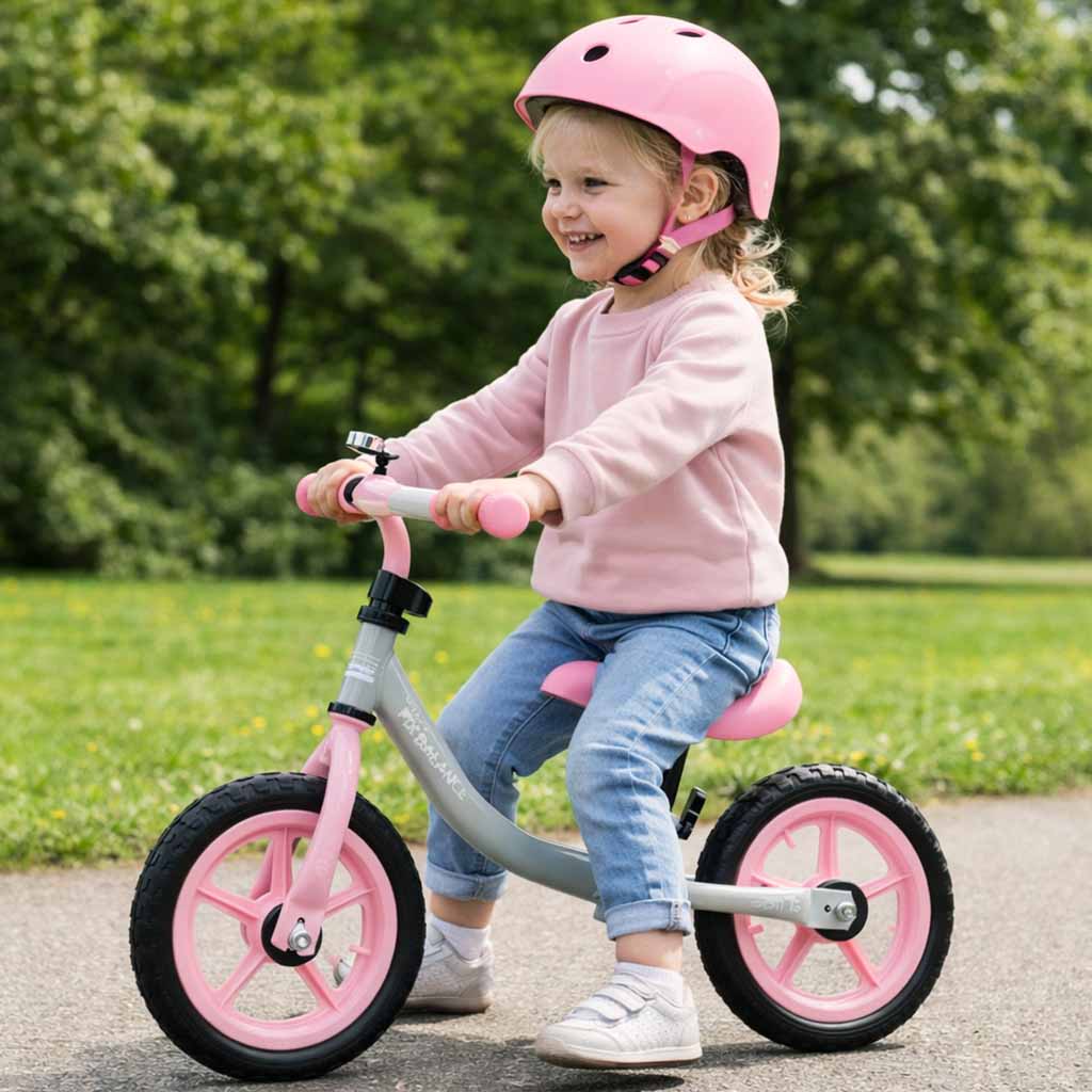 Meitene ar rozā ķiveri brauc ar pelēki rozā bērnu balansa velosipēdu parkā