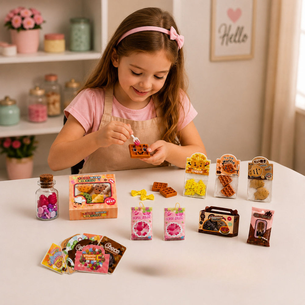Meitene veido un dekorē mini squishy saldumu un uzkodu figūriņas ar DIY komplektu