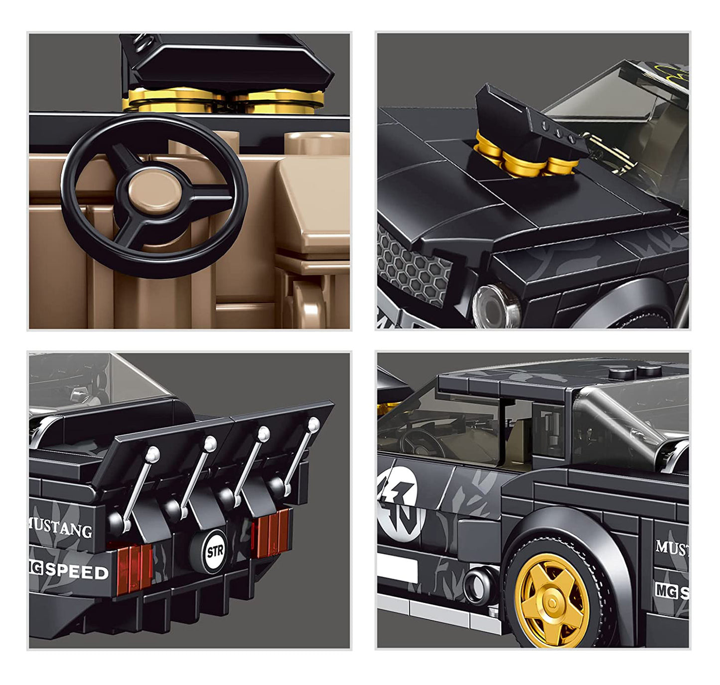 Melnā sporta auto konstruktora detaļu kolāža – salons ar stūri, motora pārsegs, aizmugure un sāns ar zelta diskiem