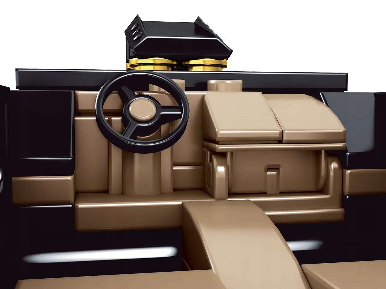 Melnā sporta auto konstruktora salona tuvplāns ar stūri un bēšiem sēdekļiem