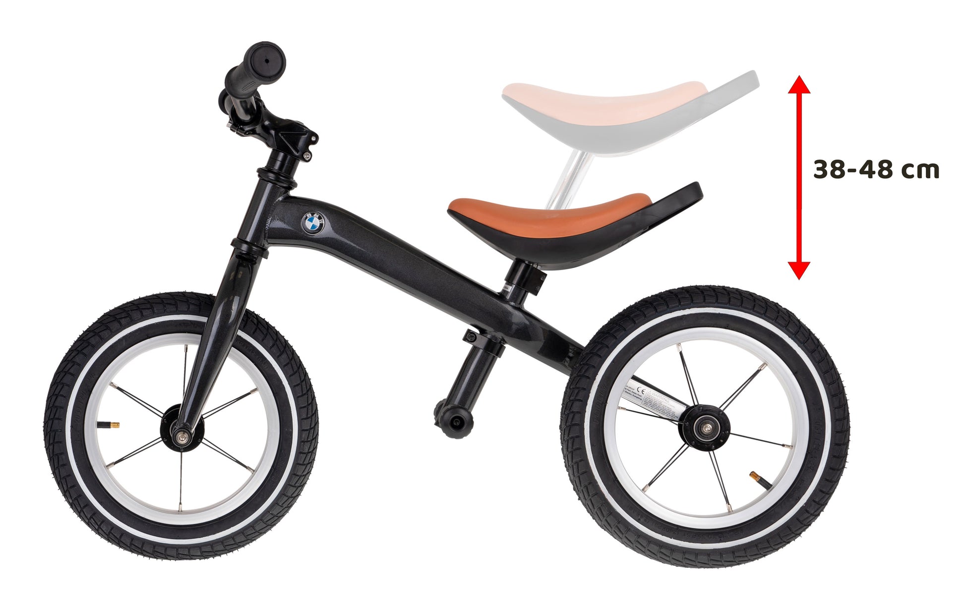 Melns bērnu balansa ritenis ar regulējamu sēdekļa augstumu no 38 līdz 48 cm