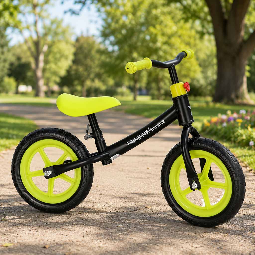 Melns bērnu balansa velosipēds ar koši zaļiem riteņiem parkā