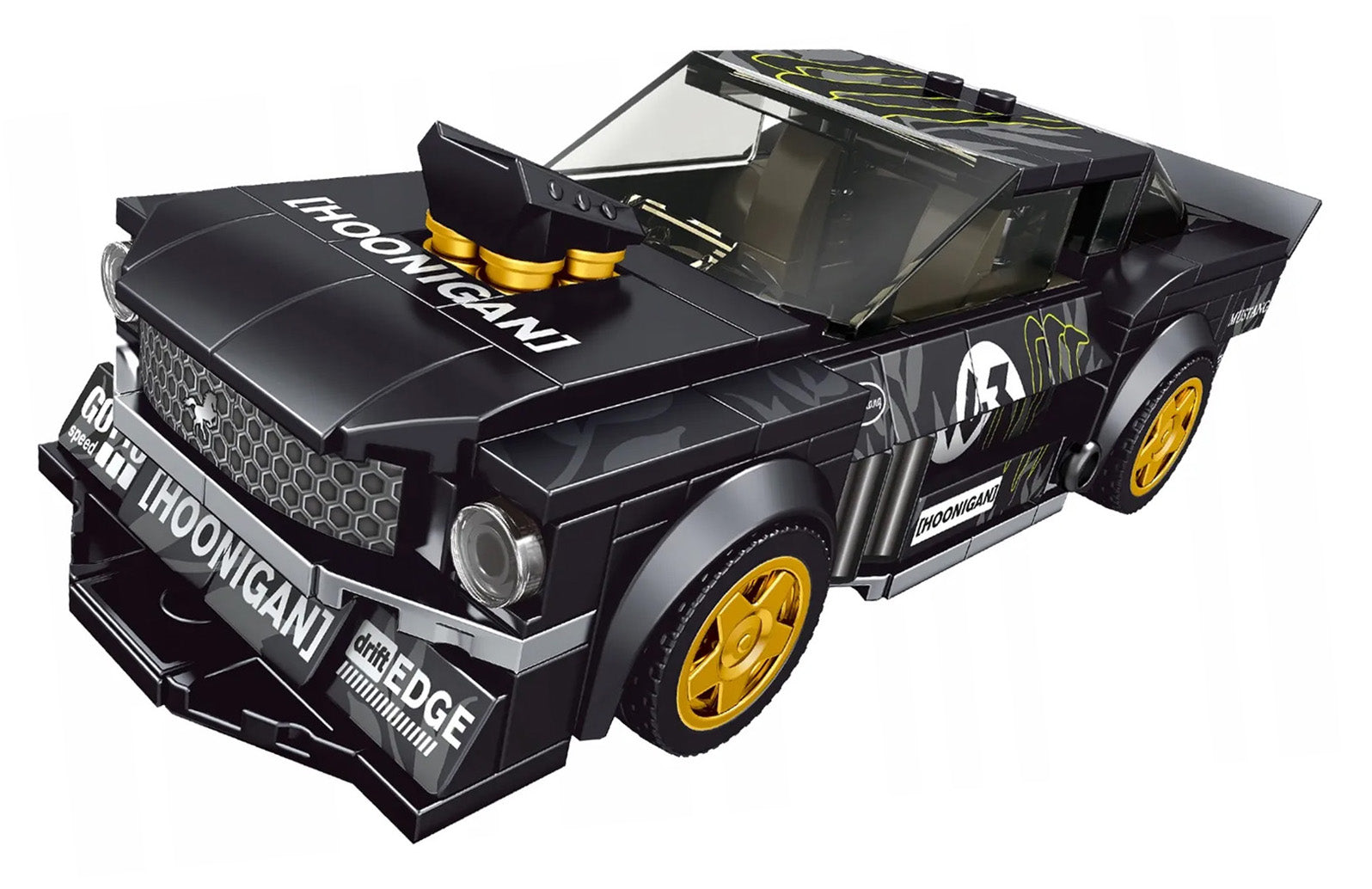 Melnas sporta auto konstruktora modelis ar zelta diskiem un “HOONIGAN” dizainu