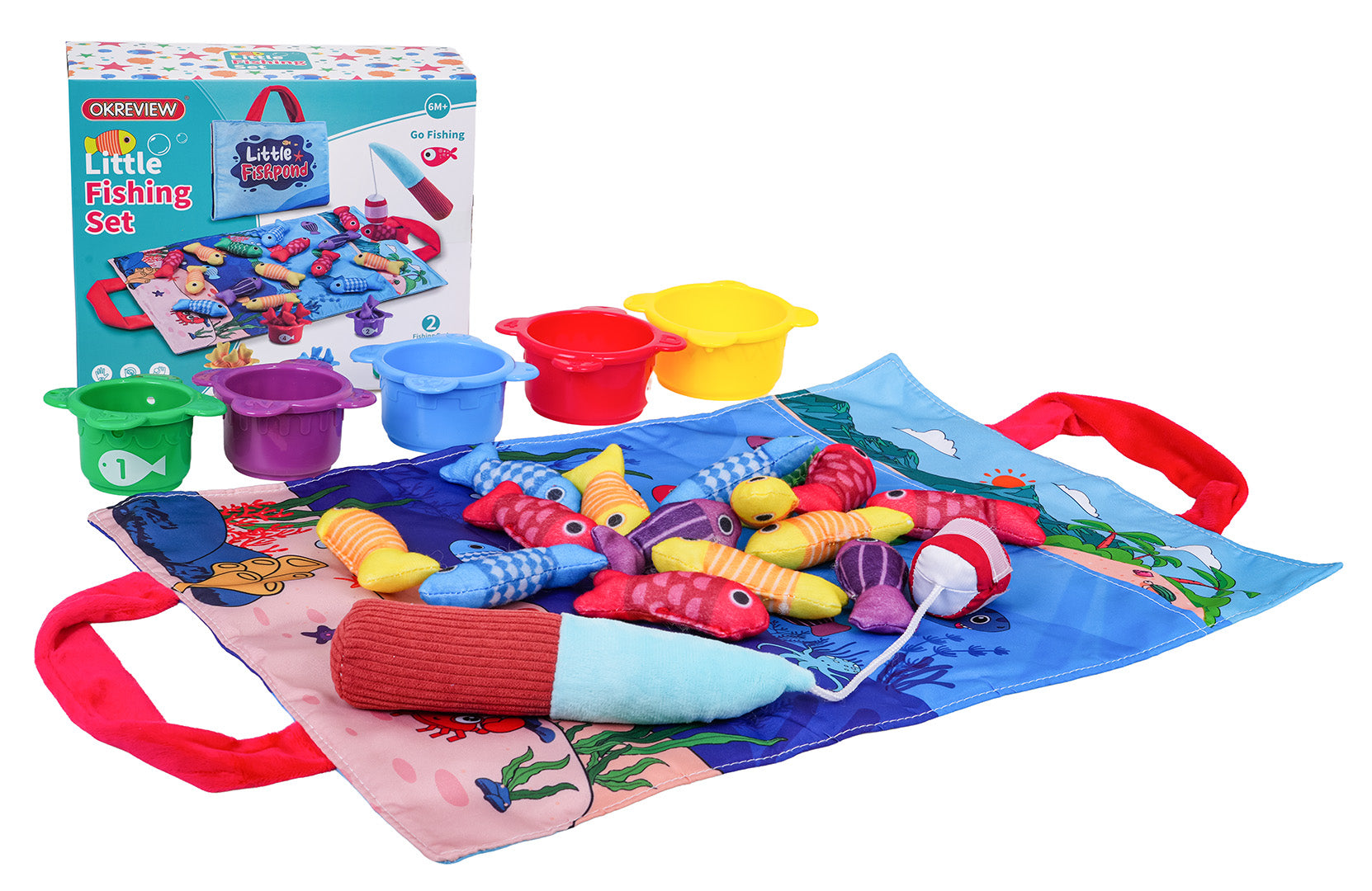 mīksto rotaļu makšķerēšanas komplekts ar krāsainu paklājiņu, auduma zivtiņām, makšķeri, pieciem šķirošanas kausiņiem un oriģinālo iepakojumu